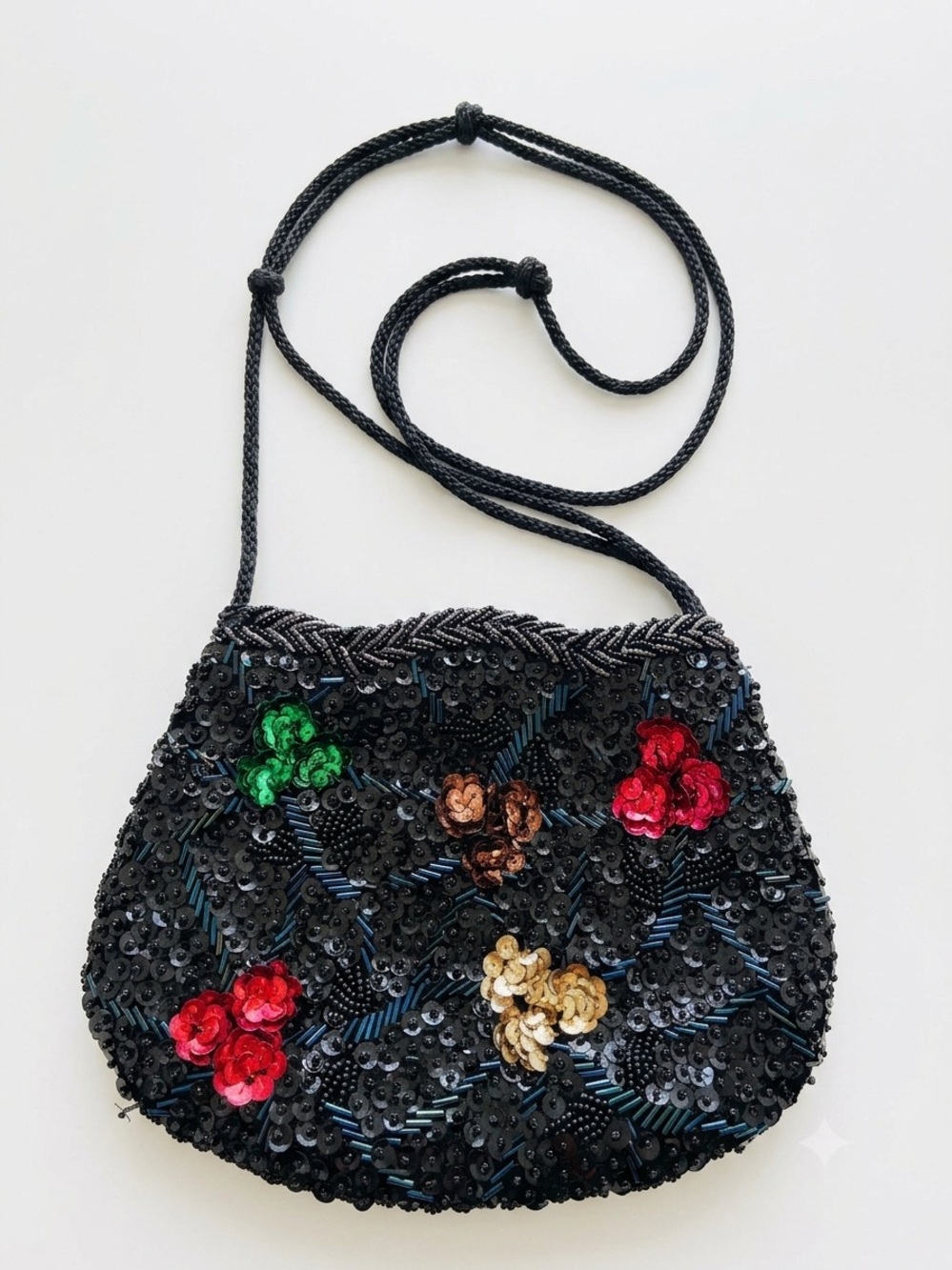 La Regale VTG Floral Beaded Sequin Crossbody Bag Black Bugle Bead Evening Whimsy